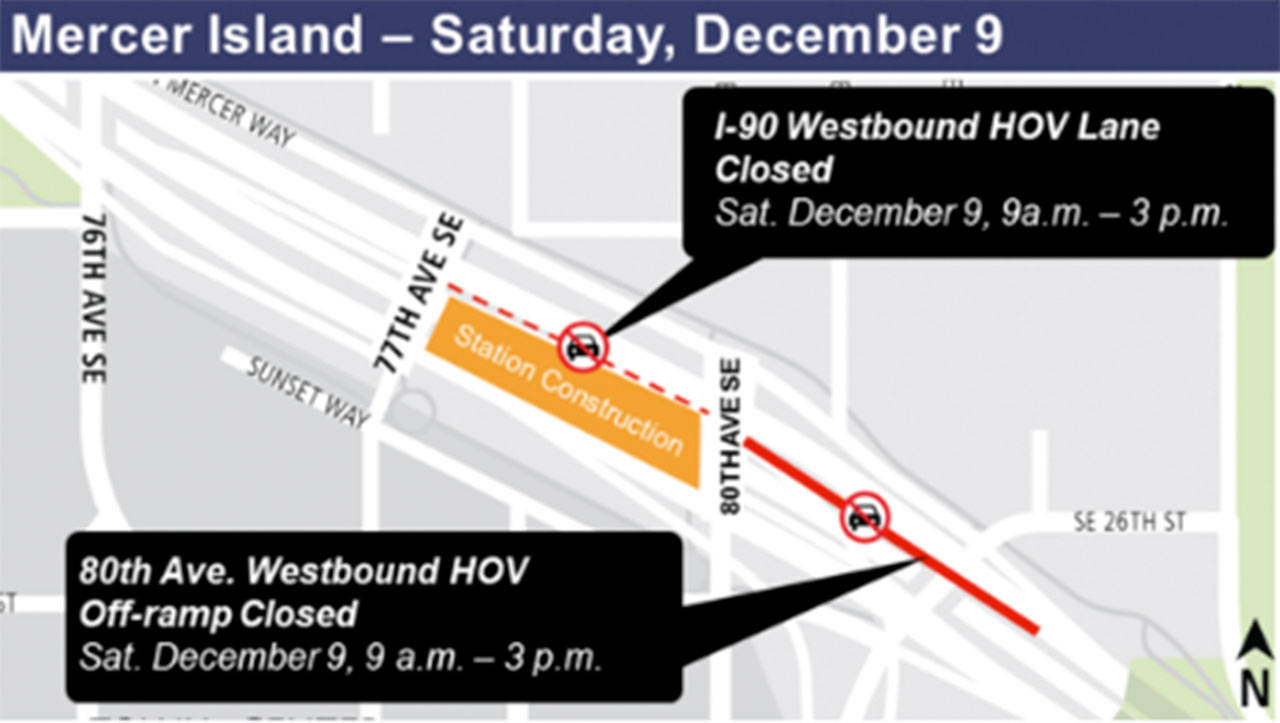 Sound Transit crews will close the 80th Avenue off-ramp and a portion of the I-90 East- and Westbound HOV lanes from 9 a.m. to 3 p.m. on Dec. 9. Image courtesy of Sound Transit