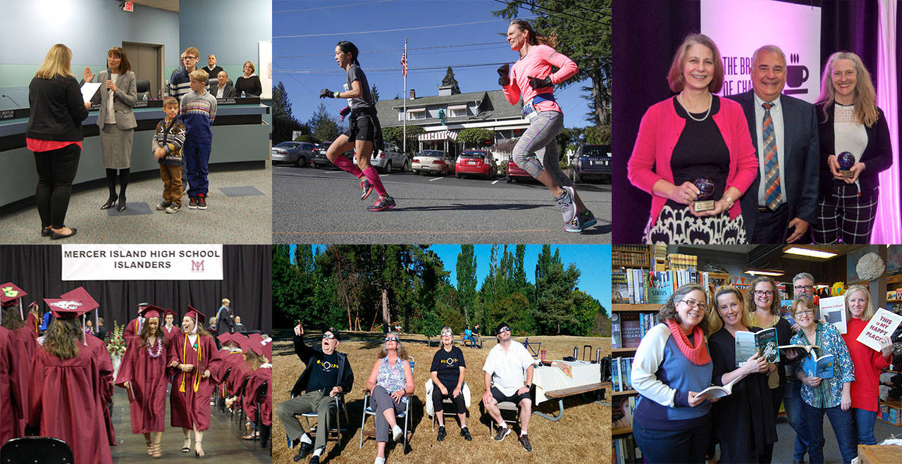 Clockwise from left: new Mercer Island City Manager Julie Underwood is sworn in, Islanders participate in the annual Rotary Run, outgoing Mercer Island School District Superintendent Gary Plano poses with two of the 2016 Pathfinders, Mercer Island High School celebrates graduation, Islanders watch the solar eclipse and the staff of Island Books smiles after being named Best in Western Washington. File photos