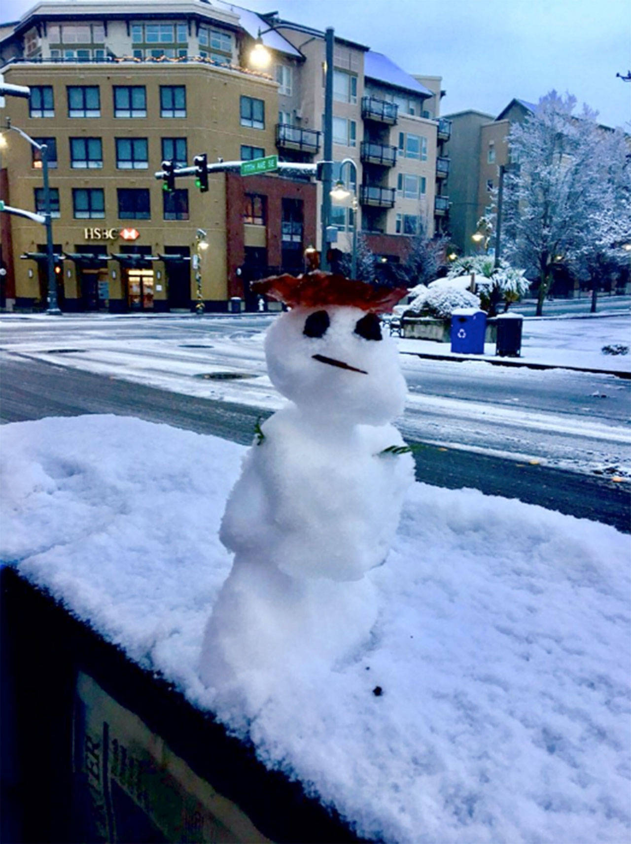 Islanders collaborated on this “community snowman project” in downtown Mercer Island, said Jay Gleason. The snowman was already on a mailbox, and Gary Umemoto added the hat, the face and the arms. Photo courtesy of Jay Gleason