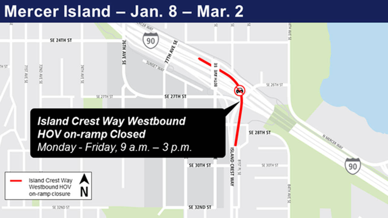 The Island Crest Way Westbound HOV on-ramp will close during daytime, off-peak hours from Jan. 8 to March 2. Image courtesy of Sound Transit