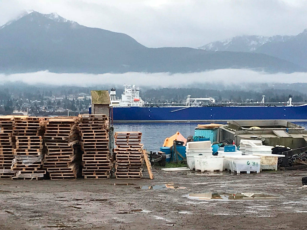 Cooke Aquaculture Pacific’s work area and office west of the Coast Guard station on Ediz Hook serves the company’s salmon farm that the state Department of Natural Resources said last month must be shut down. Photo by Paul Gottlieb/Peninsula Daily News