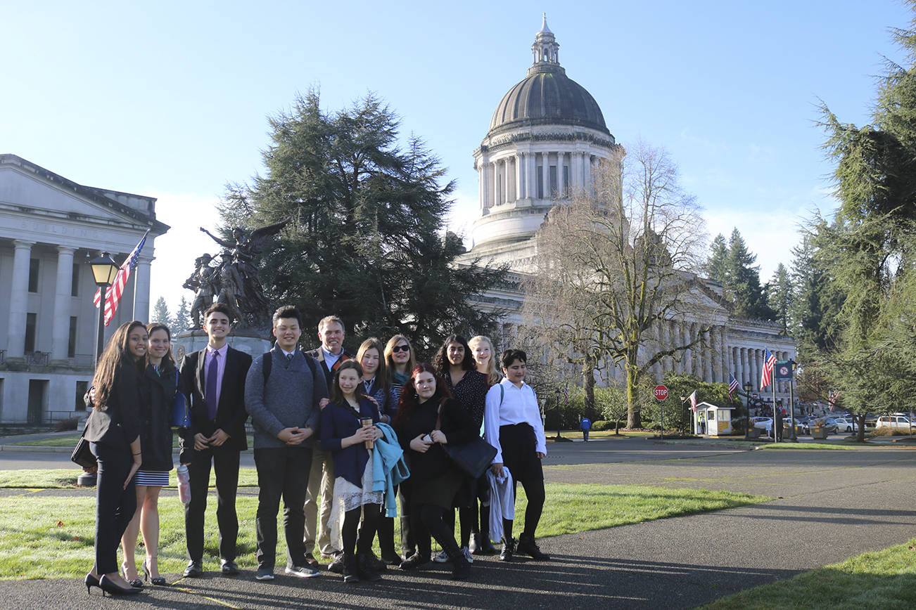 High school students from Issaquah’s Youth Opposed to Drug Abuse and Mercer Island’s Healthy Youth Initiative gave up their holiday on Monday to get up at 5 a.m. and travel to the state capital in Olympia to advocate for substance abuse prevention at the annual Prevention Policy Day Rally. Nicole Jennings/staff photo