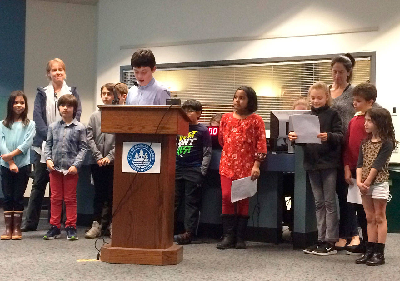 The Lakeridge Elementary student Green Team addresses the Mercer Island City Council during their meeting on Jan. 23. The students started a petition to ban Styrofoam in their community. Photo courtesy of Ross Freeman