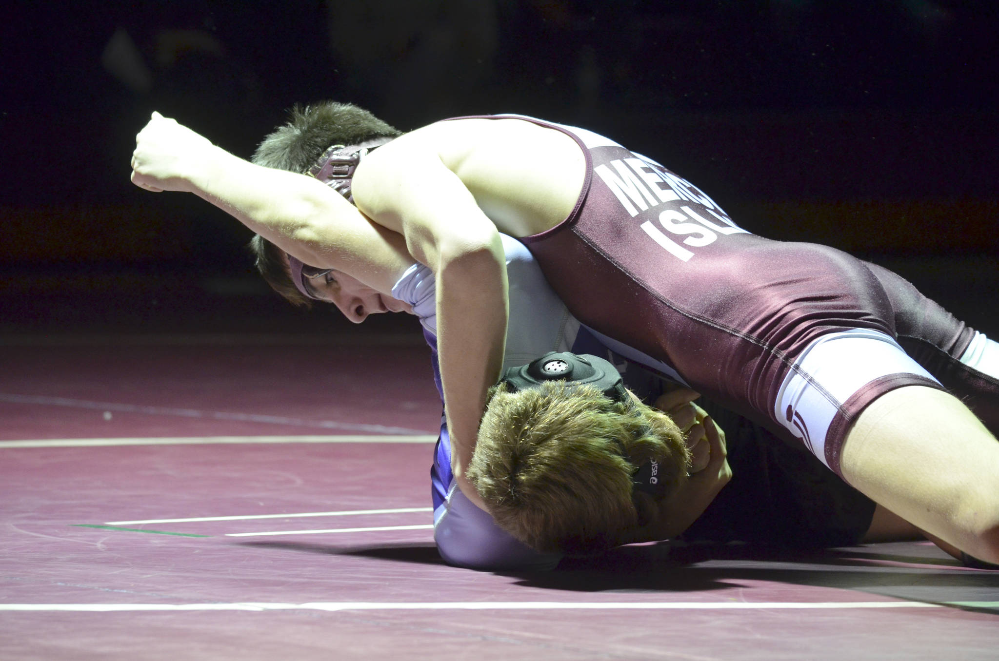 Photo courtesy of Billy Pruchno                                Mercer Island 113-pound grappler Connor Pettigrew (pictured) defeated Lake Washington’s Max Reisman 13-8 on Jan. 25 at Mercer Island High School.