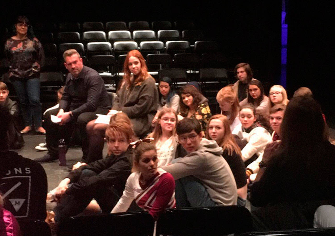 King County Sexual Assault Resource Center’s Rachel Taylor and LifeWire’s Ward Urion lead a talk back session after Mercer Island High School drama’s production of “Good Kids” on Jan. 26. Katie Metzger/staff photo