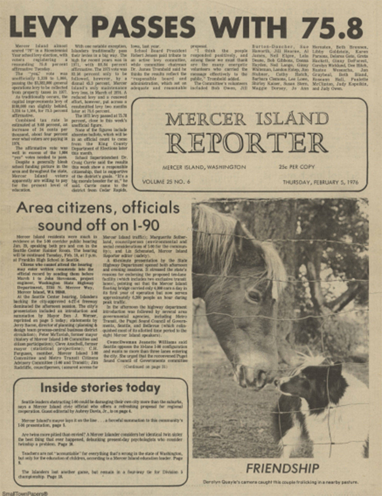 The front page of the Feb. 5, 1976 issue of the &lt;em&gt;Mercer Island Reporter&lt;/em&gt;, and other selected pages, can now be found online thanks to an archiving project of the Mercer Island Historical Society. Image via mih.stparchive.com