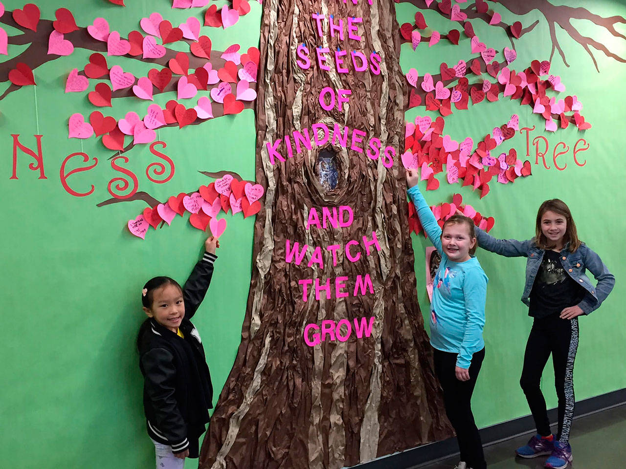 Students pose with the Kindness Tree at Northwood Elementary. Photo courtesy of Craig Degginger/Mercer Island School District
