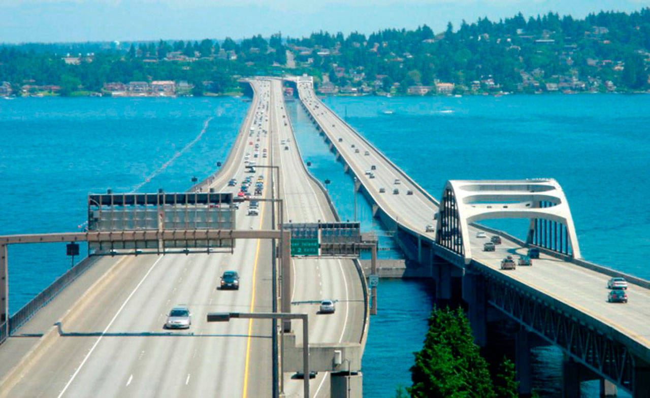 A view of the Interstate 90 bridges spanning Lake Washington between Seattle and Mercer Island. The bridges were created in the 1980s and have structural deficiencies which are constantly monitored. Wikipedia photo
