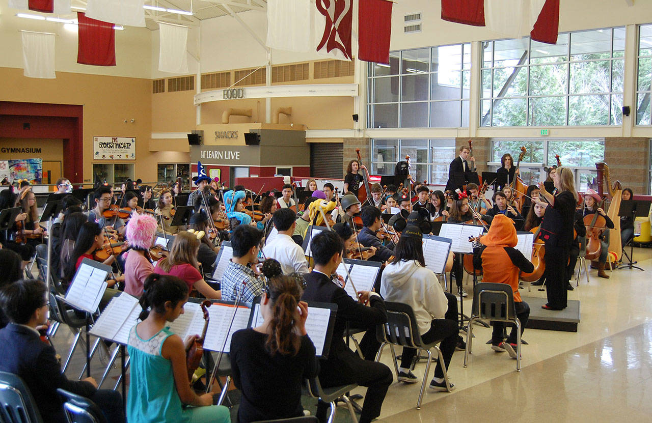 Vicki White Miltun directs the Mercer Island Symphonic and Philharmonic Orchestras at their Disney and Dessert fundraiser on Feb. 25. Katie Metzger/staff photo