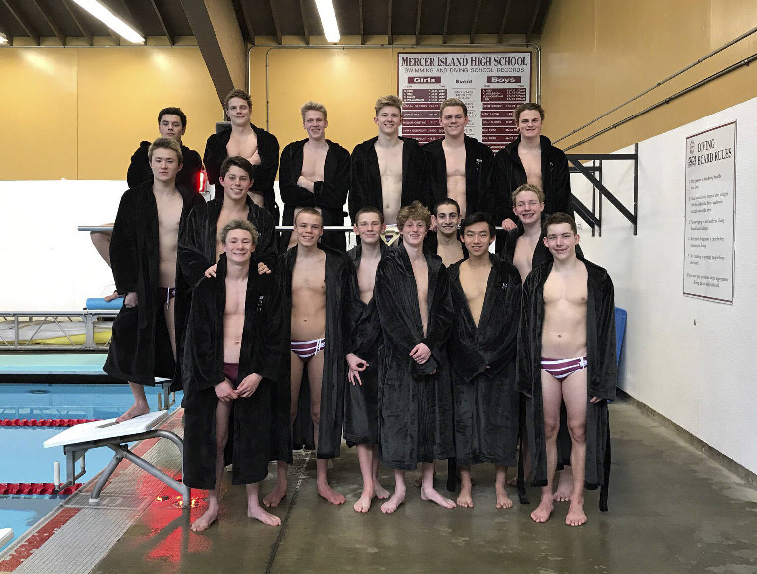 Photo courtesy of Amy Shobe                                The Mercer Island boys swim team captured second place at the Class 3A state swim and dive meet on Feb. 17 at the King County Aquatic Center in Federal Way. The Islanders, who compiled a total of 374 team points, were just 23 points behind first place Bainbridge Island. Mercer Island athletes that competed at the state meet consisted of Carson Coe, Kyle Bailey, Oliver Hoff, Austin Shobe, Nate Robinson, Evan Hill, James Robertson, Jake Headrick, Killian Riley, Caleb Apodaca, Kieran Watson, Collin Ralston, Ethan Schwartz, Dan Gao, Alex Edwards, John Novak and Gabe Neale.                                The 200 free relay team consisting of Hill, Coe, Riley and Hoff earned first place. The 400 free relay quartet of Richardson, Robinson, Hoff and Riley nabbed second place. The 200 medley relay team of Edwards, Richardson, Coe and Bailey captured second place. Richardson collected individual titles in the 100 fly with a time of 49.84 and the 100 backstroke with a time of 49.78.