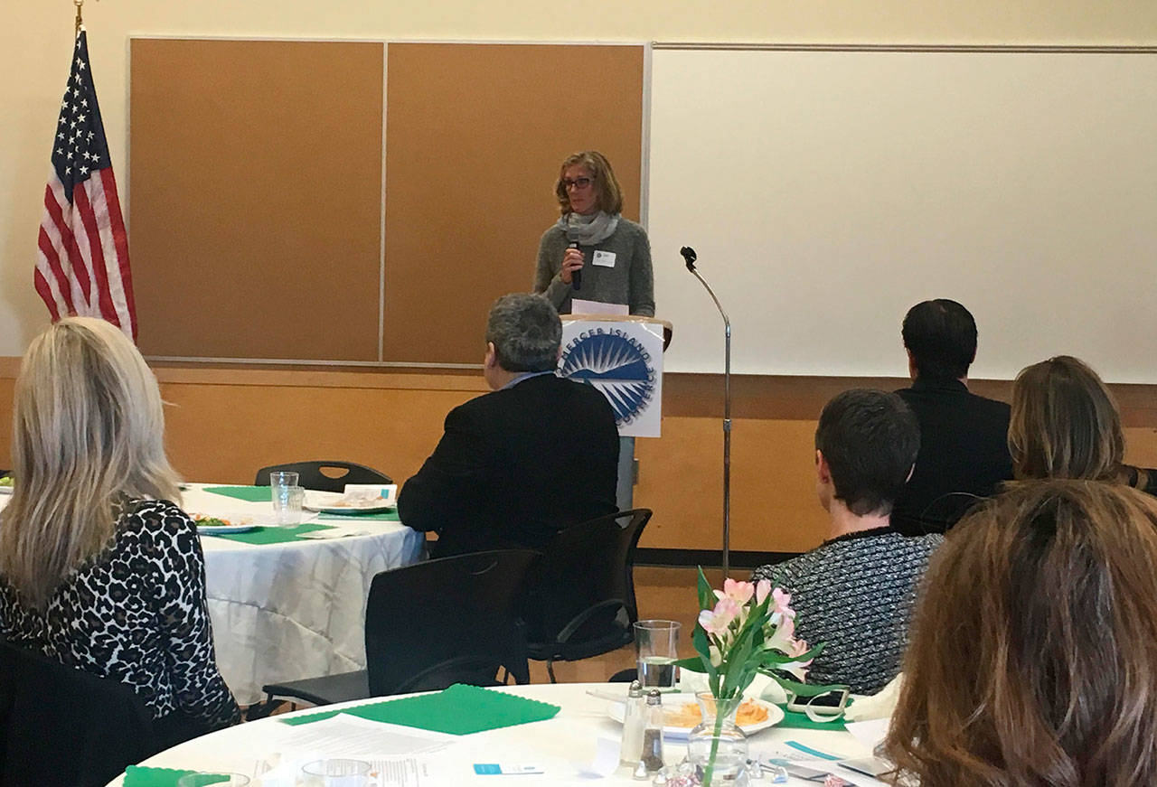 Mayor Debbie Bertlin speaks to the Mercer Island Chamber of Commerce about the City Council’s goals and work plan on March 1. Katie Metzger/staff photo