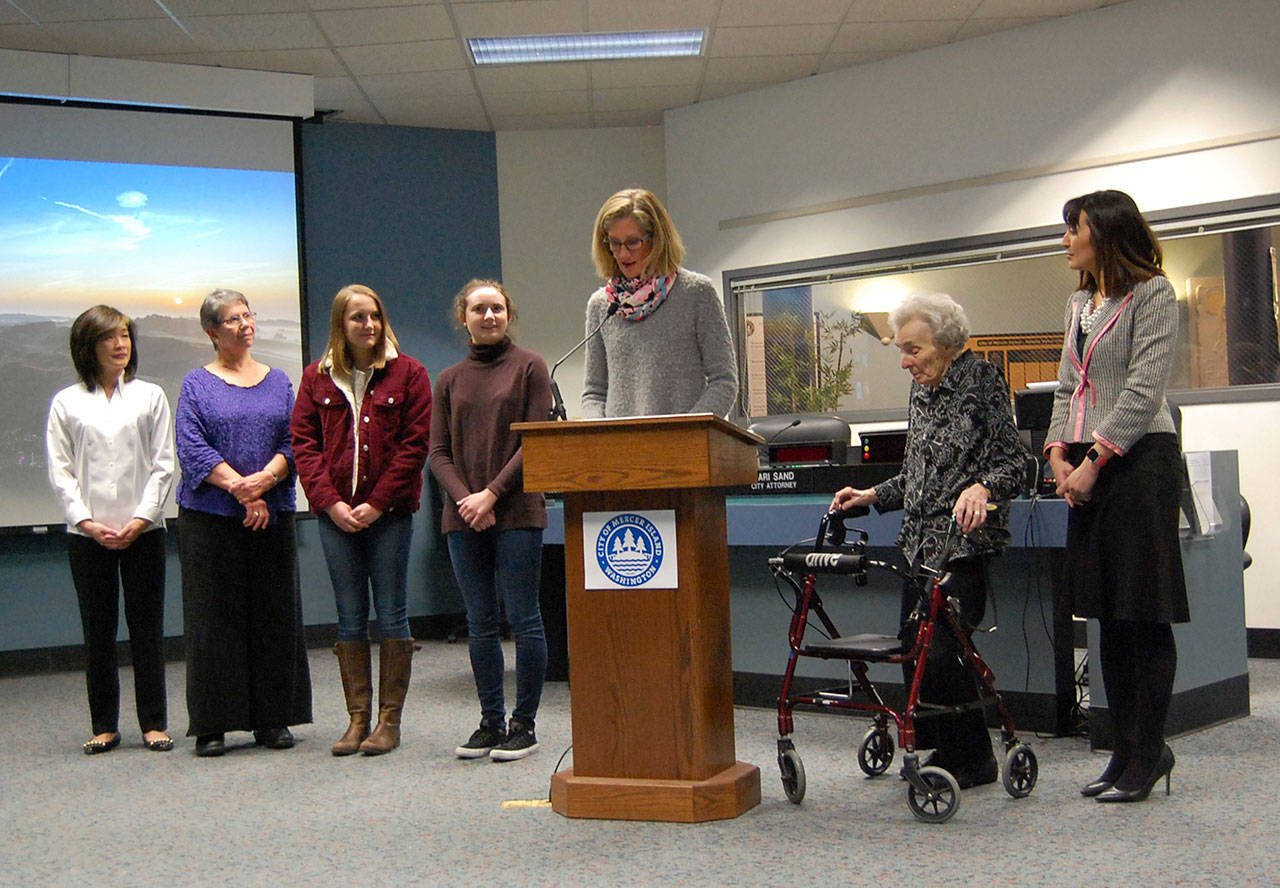 Mercer Island Mayor Debbie Bertlin presents the proclamation for Women’s History Month and International Women’s Day at City Hall. Katie Metzger/staff photo