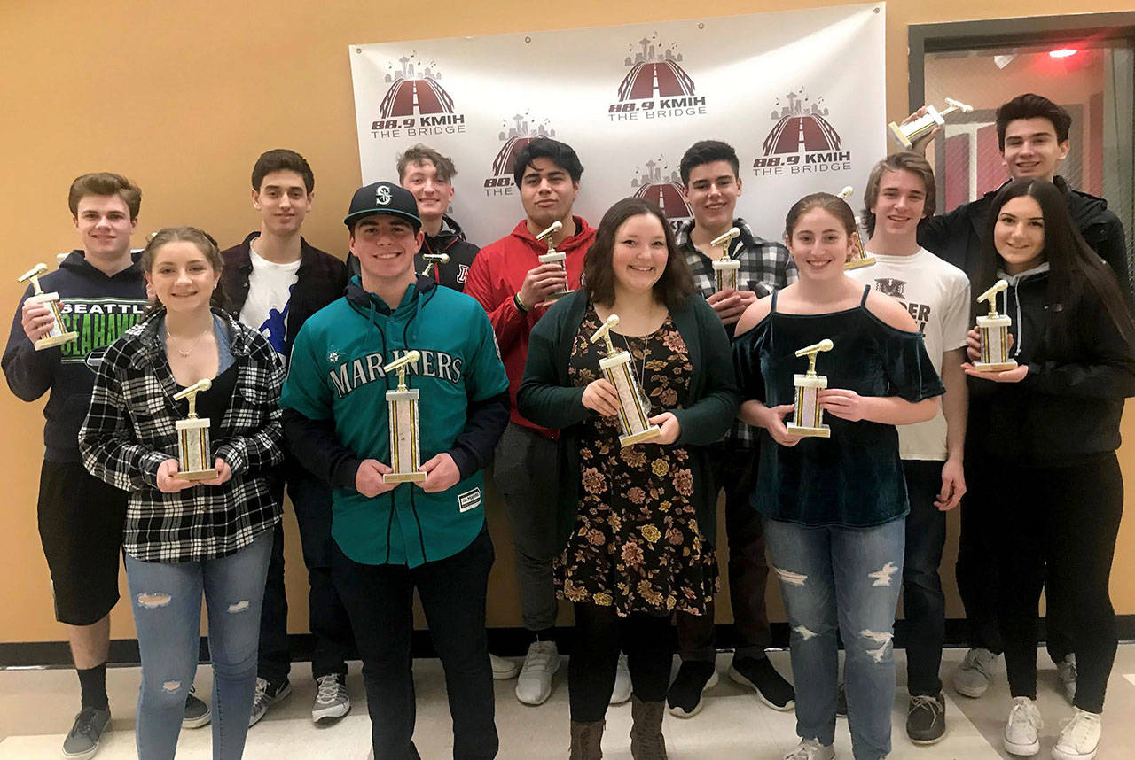 Thirteen student staff of the MIHS radio station KMIH 889 The Bridge received Golden Microphone Awards. Photo courtesy of Craig Degginger/Mercer Island School District