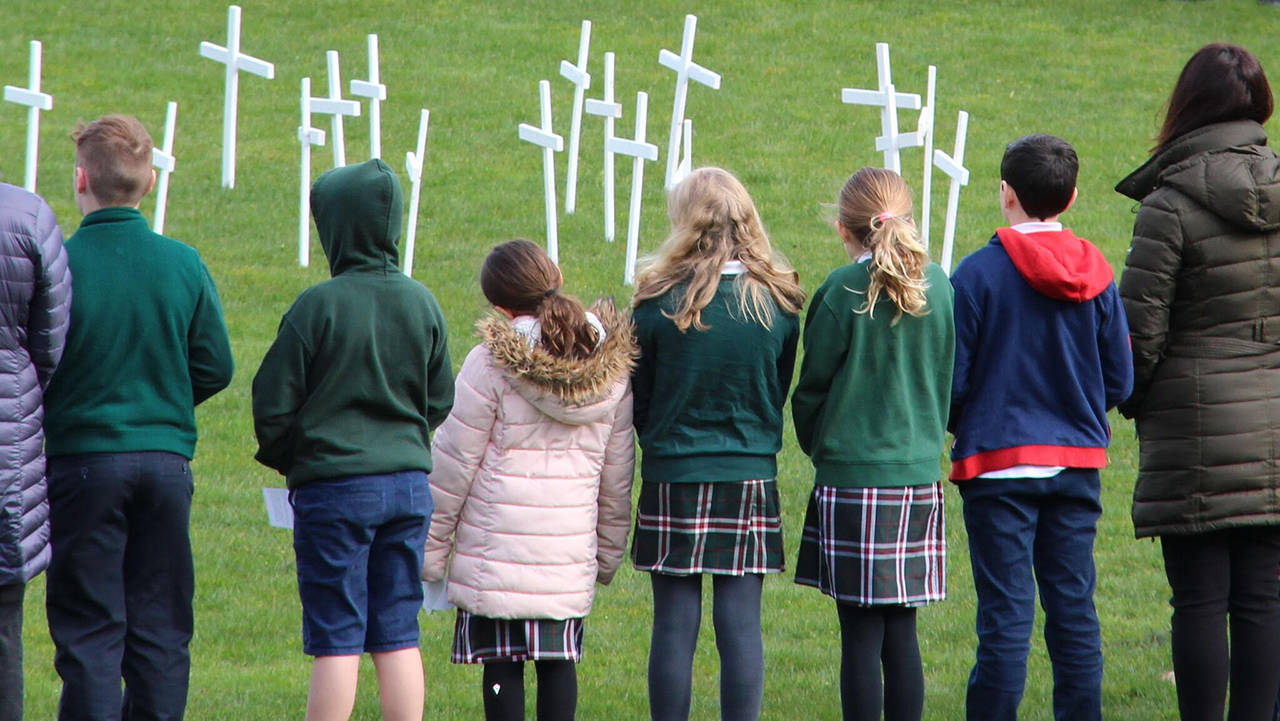 Students at St. Monica School, a private Catholic school based in Mercer Island prayed for the 17 victims of the Parkland, Florida school shooting that occurred Feb. 14. Photo courtesy of Krista Pittiglio