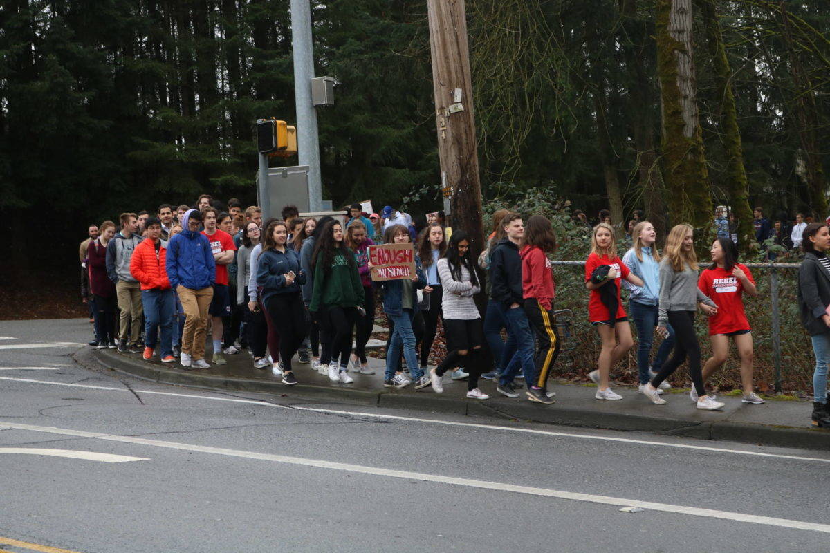More than 200 student activists from Juanita High School marched in a 17-minute protest. Kailan Manandic/staff photo