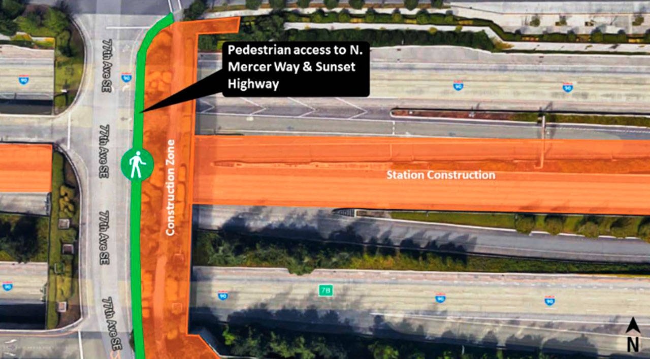 An aerial image of the project location. The green line represents the temporary walkway, and orange is the construction zone. Image courtesy of the city of Mercer Island