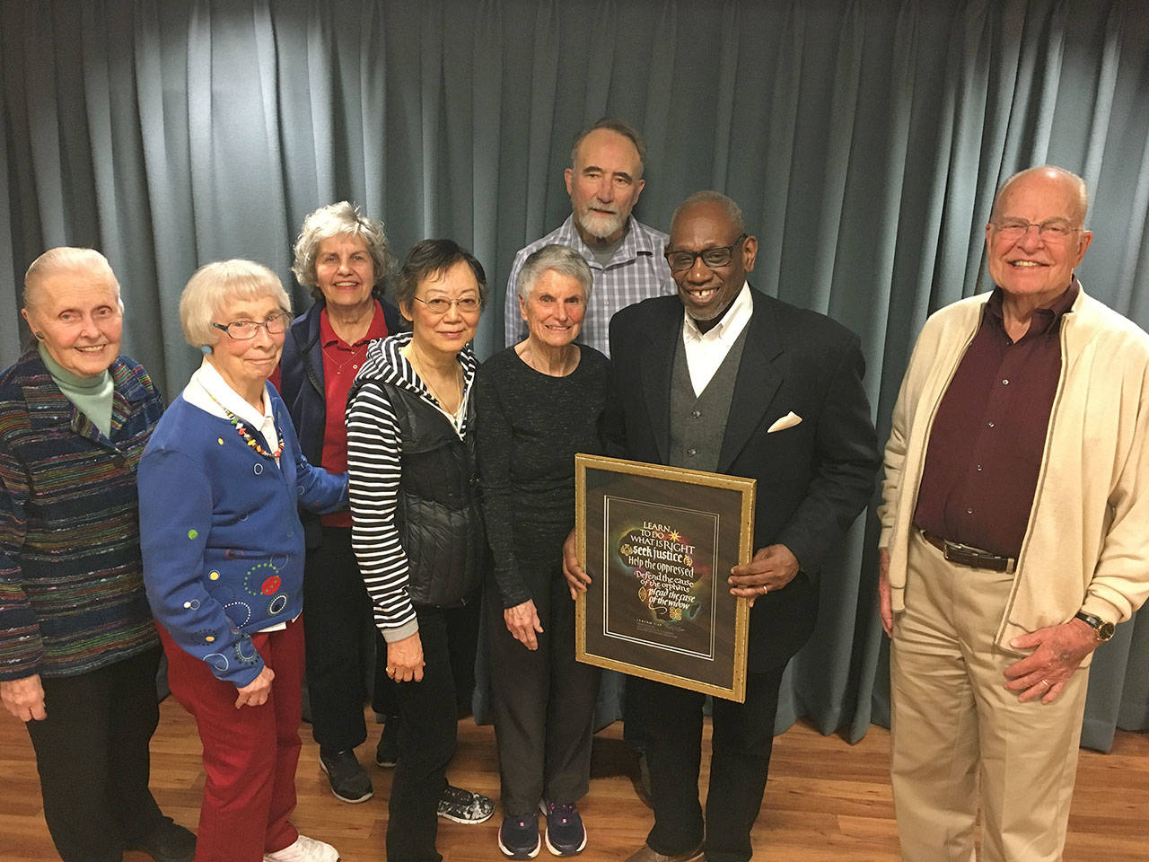 The Diversity Awareness Partners at Mercer Island’s Covenant Shores retirement community present activist Harold Spooner with the “Spirit of Martin Luther King Jr.” award on April 3. Photo courtesy of Greg Asimakoupoulos