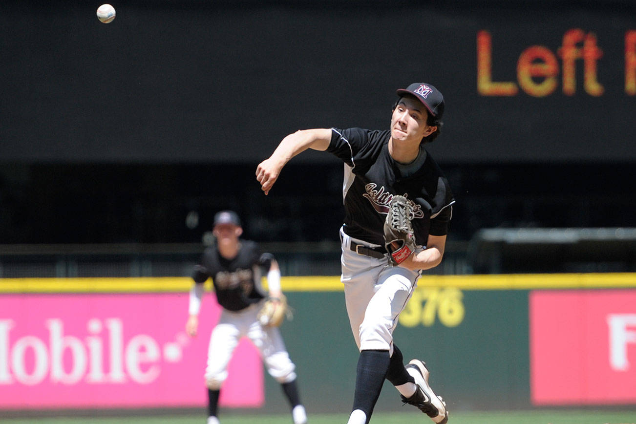 Photo courtesy of Patrick Krohn/Patrick Krohn Photography                                Mercer Island pitcher Robert Weaver surrendered just two hits in seven innings of work on the hill against the Edmonds-Woodway Warriors in the 2017 Class 3A third/fourth place game on May 27, 2017 at Safeco Field in Seattle. The Islanders defeated Edmonds-Woodway 2-1 to capture third place at the state tournament.