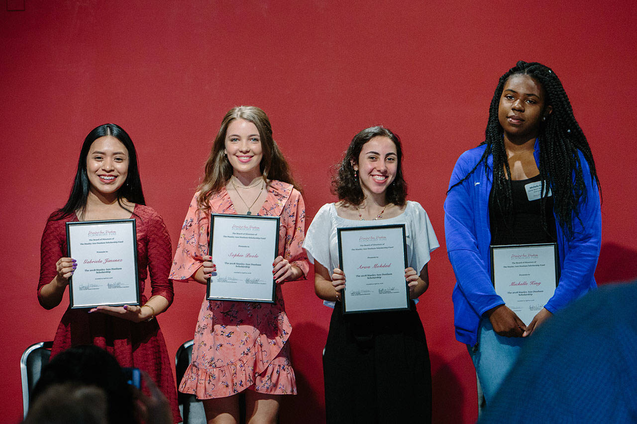 From left, Gabriela Jimenez, Sophie Poole, Arwa Mokdad and Michelle King each received $5,000 college scholarships from the Stanley Ann Dunham Scholarship Fund. Photo courtesy of Stanley Ann Dunham Scholarship Fund