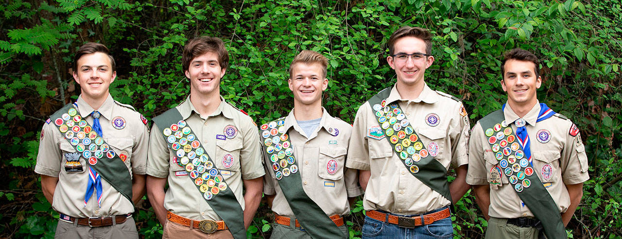 Troop 457 and 647’s newest Eagle Scouts are (from left) Henry Weiker, Graeme Stoney, Scott McLellan, Nathaniel Nichol, and Connor Hanson.