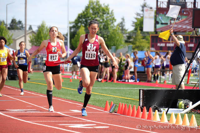 The Mercer Island Islanders girls 800 relay and 1600 relay teams captured first place at the Class 3A state track and field meet on May 26 at Mount Tahoma High School in Tacoma.                                The 800 relay team consisting of Maya Virdell, Maggie Baker, Gretchen Blohm and Kayla Lee earned first place with a time of 1:42.86. The 1600 relay team of Virdell, Baker, Blohm and Lee cruised to a first place finish with a time 3:51.56. Shorecrest finished in a distant second place with a time of 3:57.80. Lee (pictured in the 800 relay) ran the anchor leg on both relay teams.                                Photo courtesy of Don Borin/Stop Action Photography