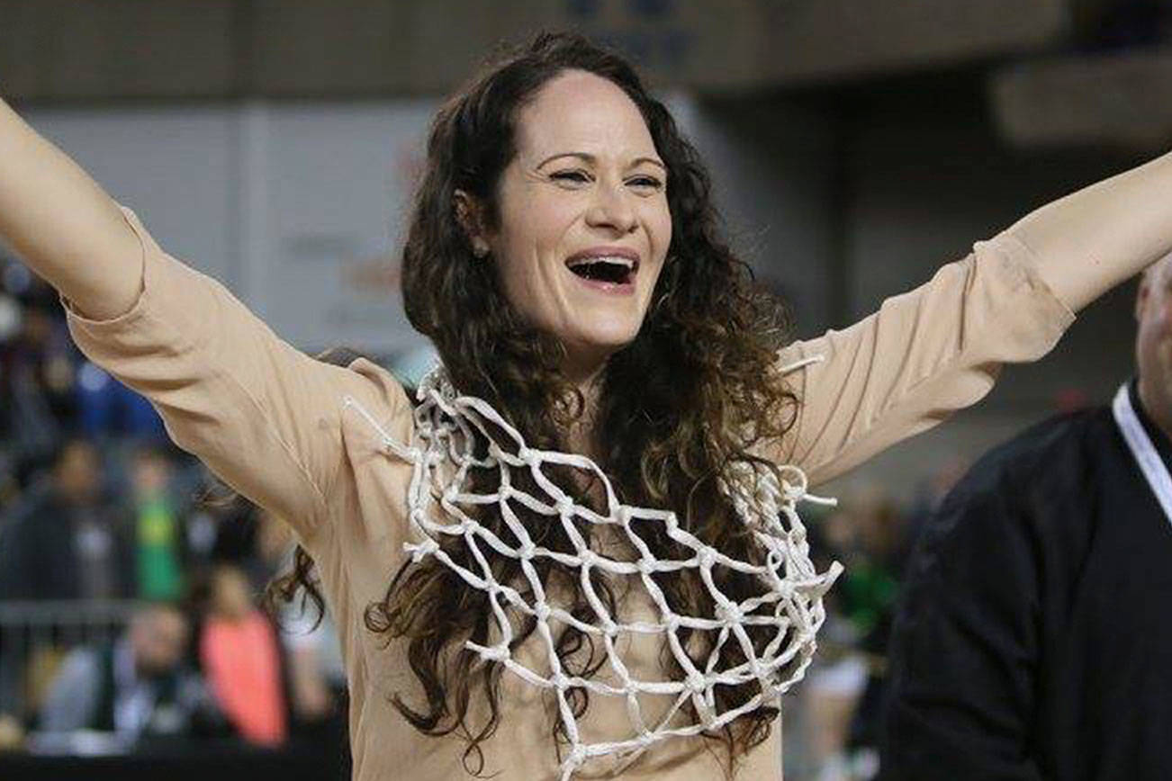 Gillian d’Hondt celebrates after watching her team win the Class 3A state basketball title in March of 2017 at the Tacoma Dome. Photo courtesy of Don Borin/Stop Action Photography