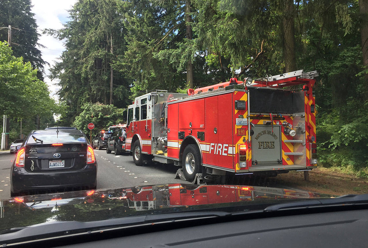 Traffic backs up at the intersection of Island Crest Way and Southeast 68th Street, where a city vehicle hit a child on June 15. Photo courtesy of Traci Granbois