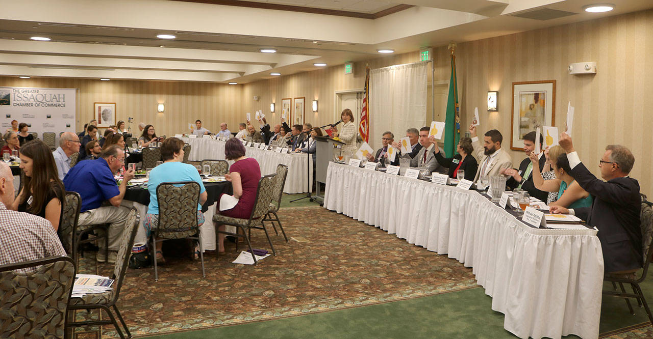 The Issaquah Chamber of Commerce had two long tables set up that stretched across the room to accommodate the large number of primary election candidates. Evan Pappas/Staff Photo