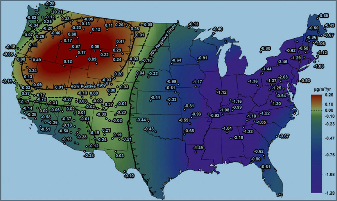 A graphic showing where air quality has deteriorated since 1988 according to a study by UW Bothell professor Dan Jaffe and doctoral student Crystal McClure. Published in the journal Proceedings of the National Academy of Sciences of the United States of America.