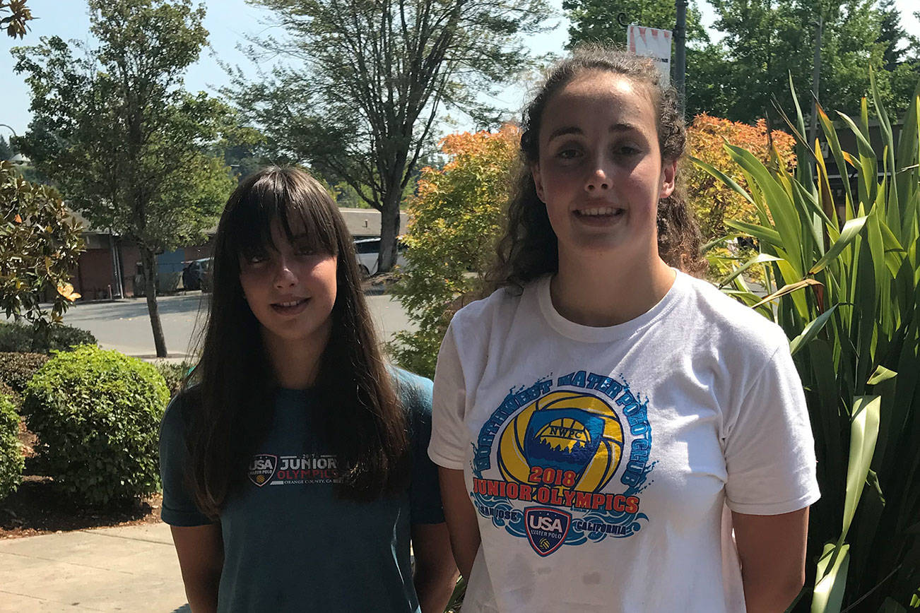 Cecilia Sommerfield, left, and Emily Guedel, right, competed at the USA Water Polo National Junior Olympics from July 26-29 in San Jose, California. Sommerfield and Guedel will be freshman during the 2018-19 school year at Mercer Island High School. Shaun Scott, staff photo