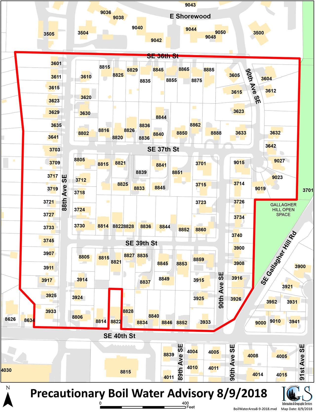 The city issued a water boil advisory Thursday to approximately 105 homes in the area pictured. Map courtesy of city of Mercer Island