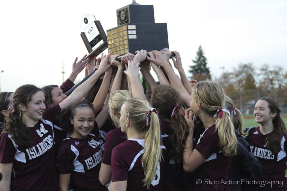 The Mercer Island Islanders girls soccer team won the Class 3A state championship in November of 2017. It was the first state title in school history for the team. Photo courtesy of Don Borin/Stop Action Photography                                Mercer Island Islanders girls soccer head coach James Valles celebrates after watching his team defeat the Bethel Braves in the first round of the 2017 Class 3A state playoffs. Photo courtesy of Don Borin/Stop Action Photography