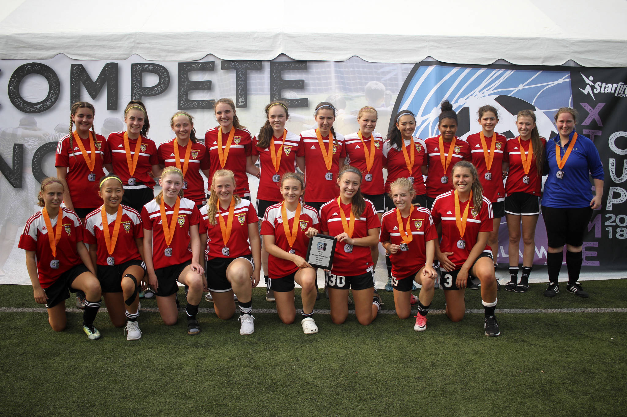 The Newport U18-U19 girls select soccer team captured second place at the Starfire Extreme Cup on Aug. 19 in Tukwila. The Newport squad lost 6-5 in penalty kicks to Kent United in the title game. Mercer Island athletes on the roster pictured consisted of Isabella Mancusco, MaKena French, Lucy Cleator, Lilly Pruchno, Caitlin Liang and Haley Selman. Photo courtesy of Dana Pruchno