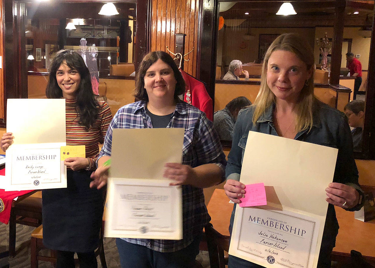 Mercer Island Kiwanis Club welcomed four new members: Mercer Island School District Communications and Alumni Relations Coordinator Craig Degginger (not pictured), Mercer Island High School teacher and Key Club Advisor Emily Lange (left), Lakeridge Elementary School teacher and K-Kids Club Advisor Amber Bobst (center), and Lakeridge K-Kids Club Parent Advisor Julia Hokanson (right). Photo courtesy of Tom Tivnan