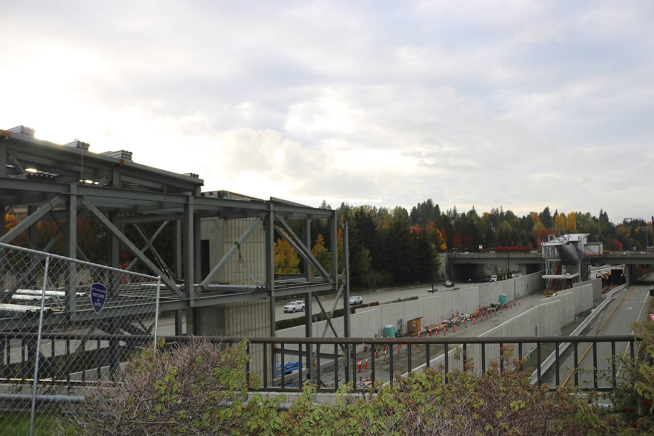 East Link light rail is under construction with projected opening in 2023 in Mercer island. The Washington State Department of Transportation permanently closed Interstate-90 center roadway to allow construction of East Link line. Photo by Yuna Kim