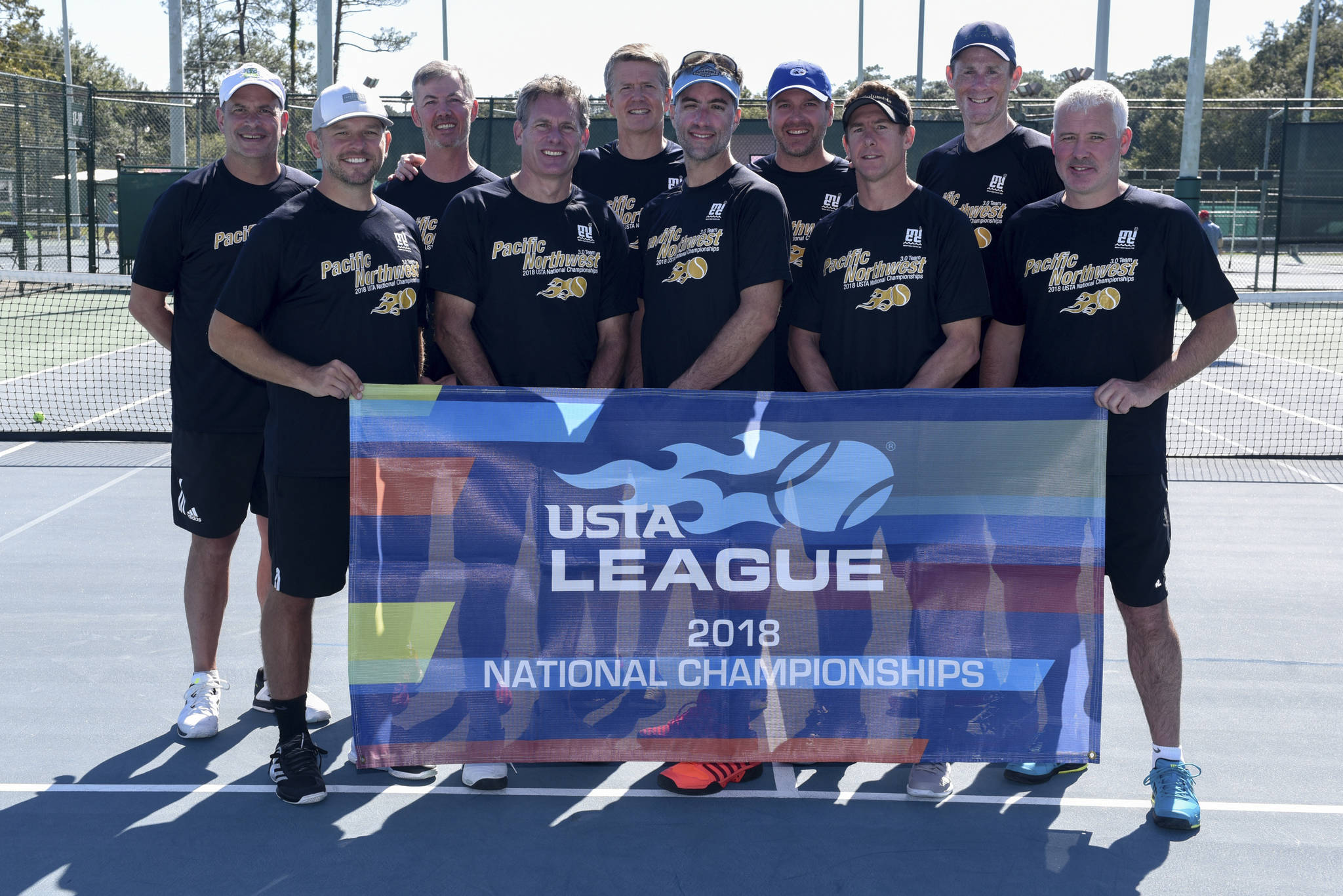 A Mercer Island based tennis team, representing the United States Tennis Association (USTA) Pacific Northwest Section, captured the national title at the USTA League 40 Over 3.0 Men’s National Championships on Oct. 28 at the Copeland-Cox Tennis Center in Mobile, Alabama. The Mercer Island team, which is based out of of the Mercer Island Country Club, defeated a squad from San Francisco, California 3-2 in the title match. Members of the Mercer Island squad consisted of John Whipple, Bernard Hensey, Brian Rogers, Christopher Loiselle, Christopher Martin, Dean Martin, Dean Winston, Jeff Omara, Richard Aylen and Ryan Flynn. Photo courtesy of the United States Tennis Association
