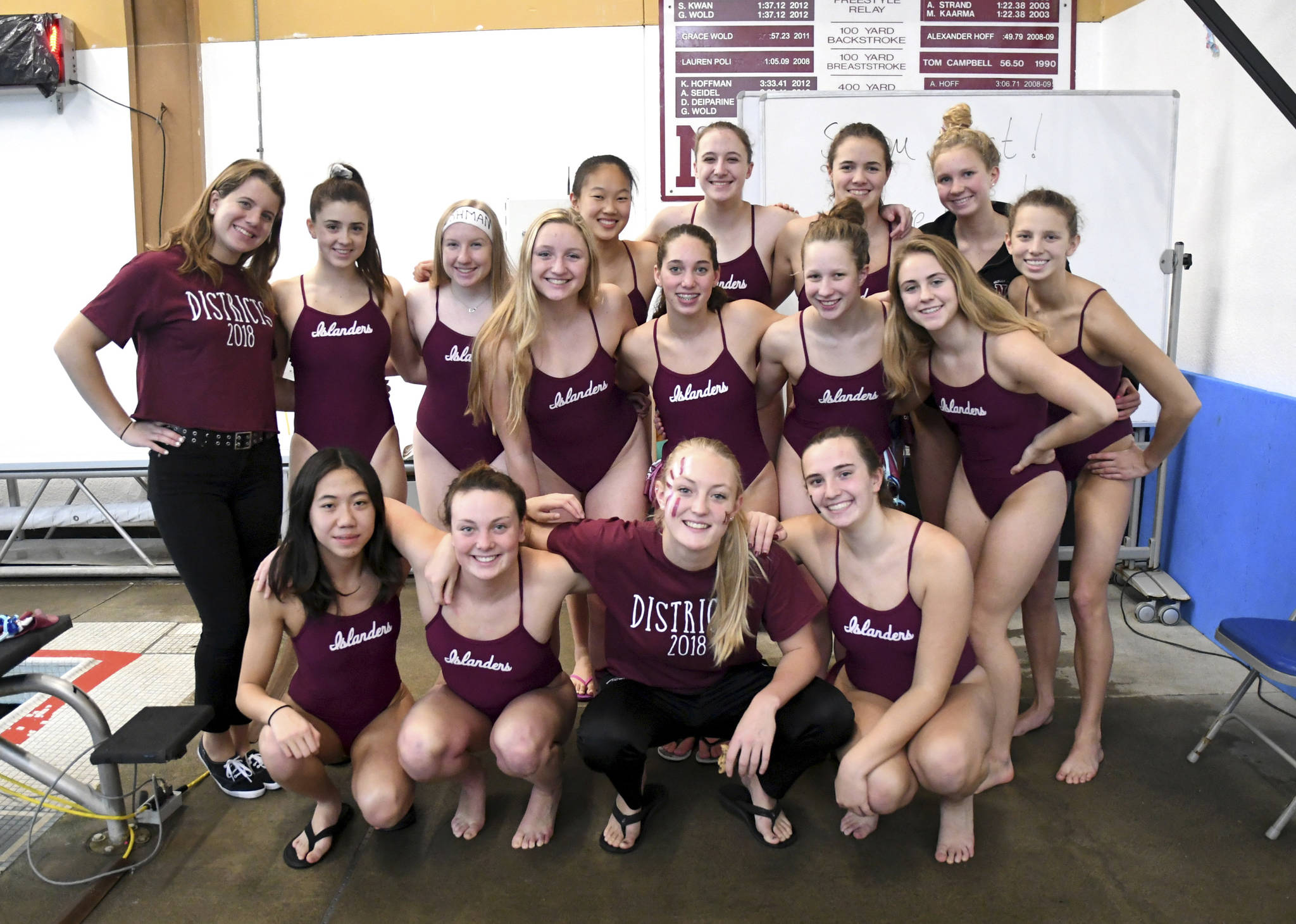 The Mercer Island Islanders girls swim team earned third place as a team at the Class 3A SeaKing district championships on Nov. 3 at Mary Wayte Pool on Mercer Island. The 200 medley relay team consisting of Alex Williams, Grace Olsen, Cayla Prophater and Julia Williamson captured fourth place. The 200 free relay team of Ellie Bailey, Annie Pearse, Williamson and Olsen earned fifth place. The 400 free relay team of Hailey Vandenbosch, Prophater, Pearse and Bailey captured fifth place.                                Islanders’ junior Sophia McGuffin earned first place in the diving portion of the meet. Bailey earned eighth place in the 50 free and 10th place in the 100 free. Sophomore Grace Lennington captured 10th place in the 500 free. Senior Chloe Mark earned ninth place in the 200 free and sixth place in the 500 free. Olsen finished in ninth place in the 200 IM and sixth place in the 100 breaststroke. Pearse registered a third-place finish in the 50 free and third place in the 100 free. Prophater finished in fifth place in the 200 IM and third place in the 500 free. Mira Tang captured ninth place in the 100 back. Vandenbosch earned 10th place in the 200 free and ninth place in the 100 fly. Williams finished in sixth place in the 100 back. Williamson earned ninth place in the 50 free and eighth place in the 100 free. Sophomore Katie Williamson finished in fifth place in the 100 back. Photo courtesy of Allison Nelson