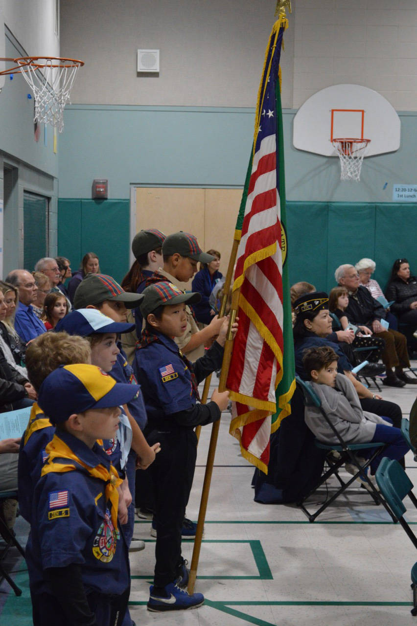 Mercer Island Cub Scouts present the flags at the Island Park Elementary Veterans Day assembly. Photo courtesy of Craig Degginger