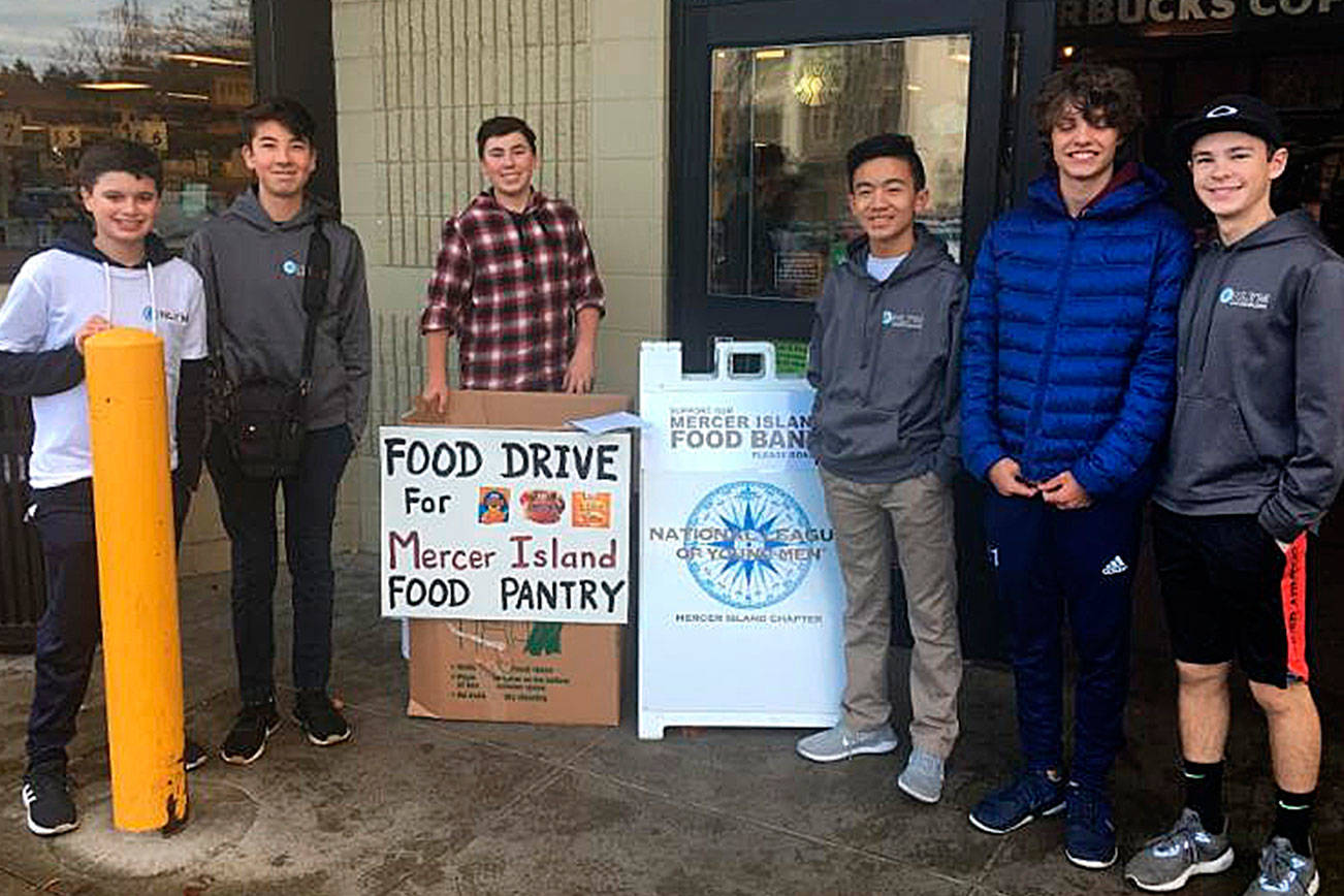 The Mercer Island chapter of NYLM collected a total of 6,840 items for YFS. From left: Gabe Gottesman (MIHS freshman), Augie Byers (MIHS sophomore), Halen Otte (MIHS freshman), Ian Phan (MIHS sophomore), Harry Brown (MIHS sophomore) and Conner Blumenthal (MIHS sophomore). Photo courtesy of Daniel Hankes