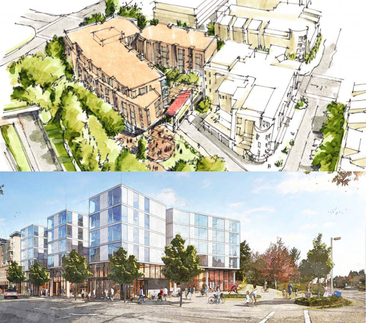 The concepts from Mainstreet Property Group LLC (top) and Shelter Holding/Weinstein A+U were selected as finalists in an RFQ process for a commuter parking and mixed-use project in Mercer Island’s Town Center. Courtesy photos