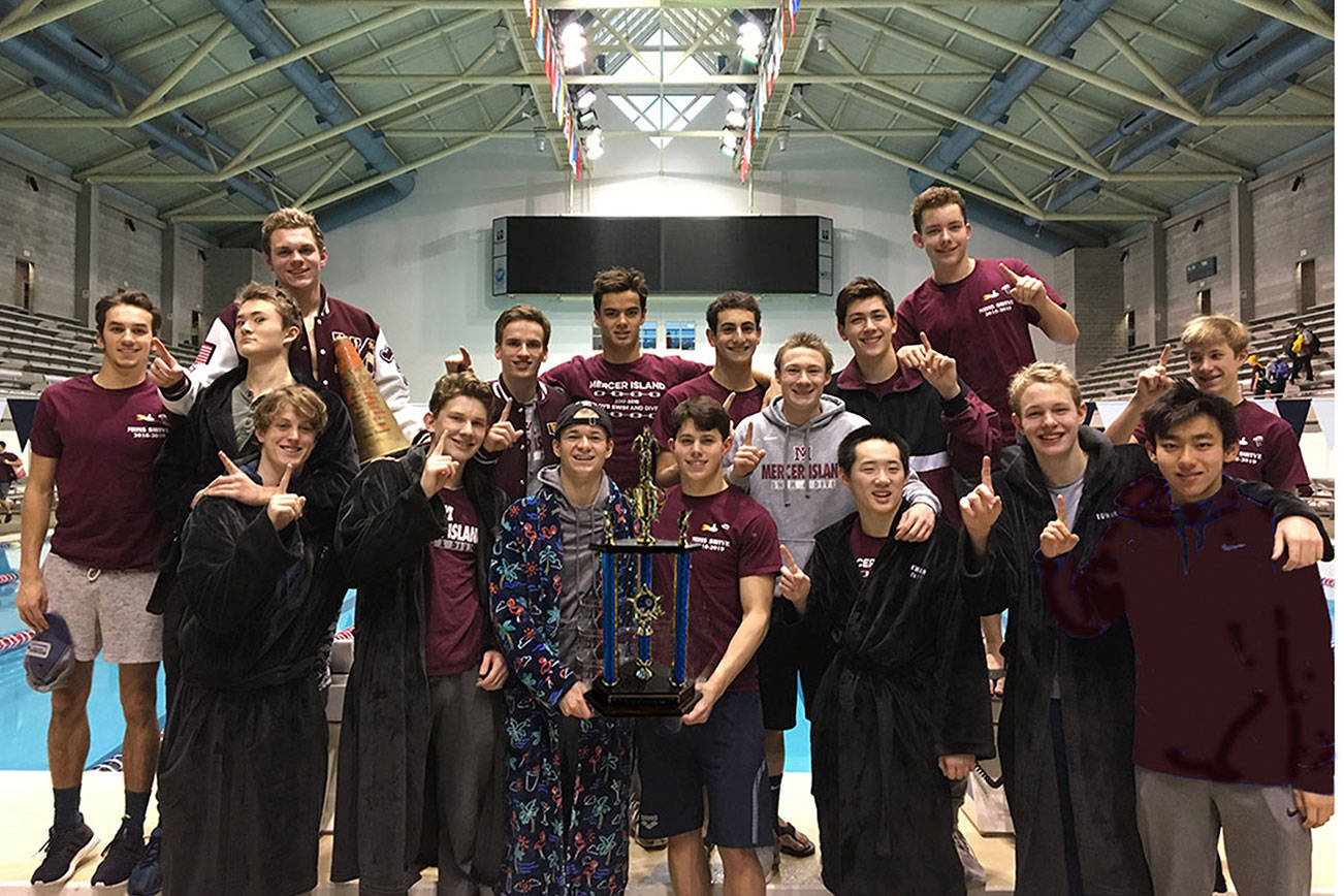The Mercer Island Islanders boys swim team earned first place at the Kentridge Invitational on Jan. 12. Islanders athletes capturing first place in their respective events consisted of Nate Robinson (50 free), Collin Ralston (200 IM) and James Richardson (100 back). Photo courtesy of Carol Gullstad