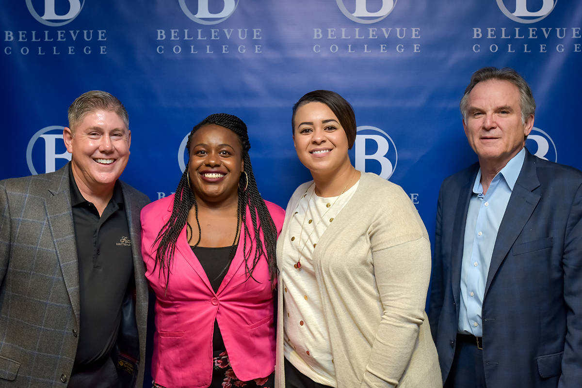 This year, the Bellevue College Foundation awarded 170 scholarships, for a total of $360,000! Among the recipients were students Quiniece Hubbard and Sharlene MacPherson, here with BC Foundation Board President Jim Chesemore and BC President Dr Jerry Weber. Photo by Alabastro Photography.