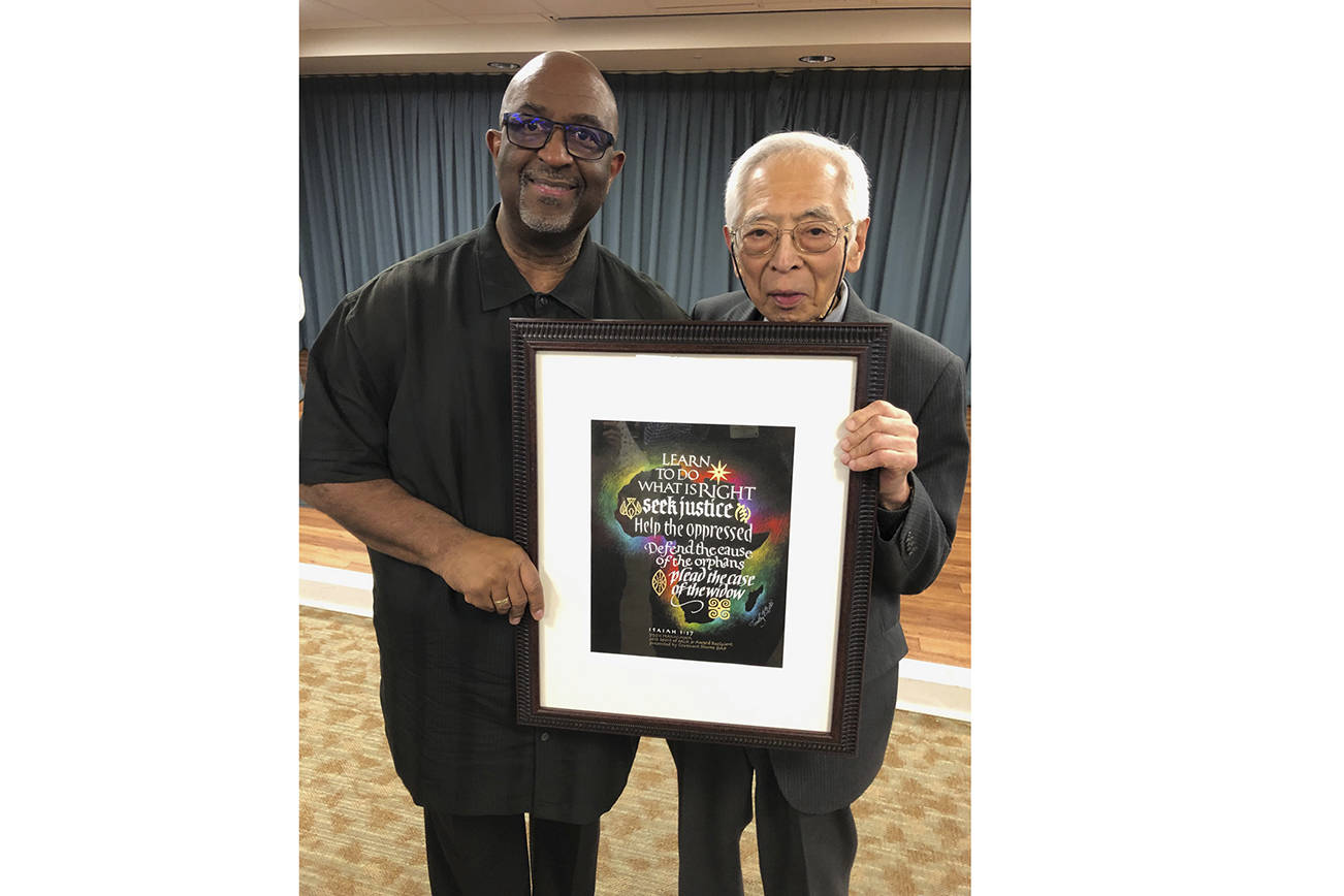 From left, keynote speaker the Rev. Harvey Drake, pastor of Emerald City Bible Fellowship in the Rainier Valley, poses for a photo with the 2019 winner of the Covenant Shores Spirit of Martin Luther King Award, Yosh Nakagawa. Photo courtesy of Greg Asimakoupoulos