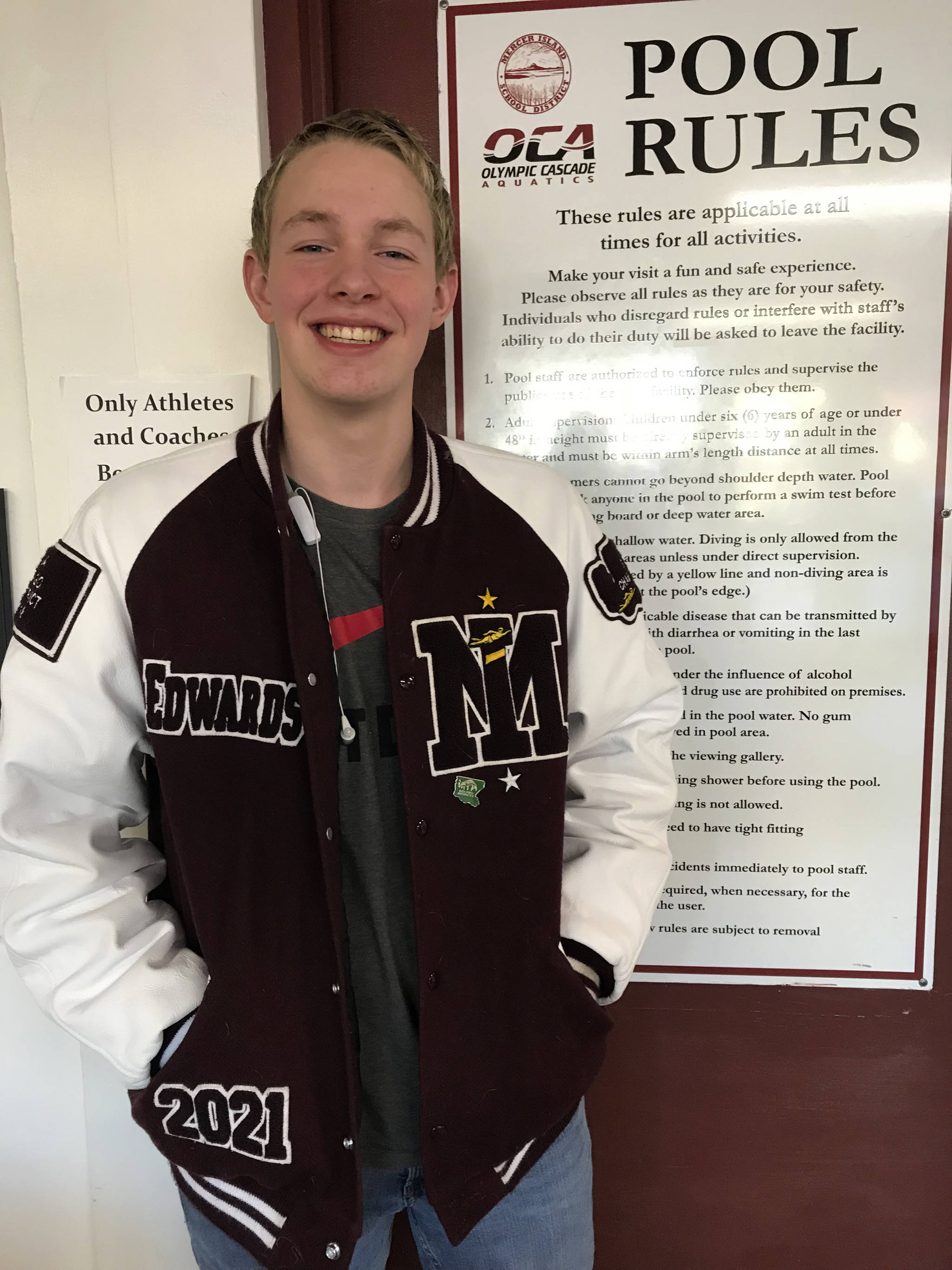 Mercer Island Islanders sophomore Alex Edwards has registered Class 3A state tournament qualifying times in the 200 individual medley, 500 freestyle, 100 backstroke, 100 butterfly, 100 breaststroke, 100 freestyle, 50 freestyle and 200 freestyle in regular-season action during the 2018-19 season. Edwards said he will focus on the 500 free and 200 IM during the postseason this February. Shaun Scott, staff photo
