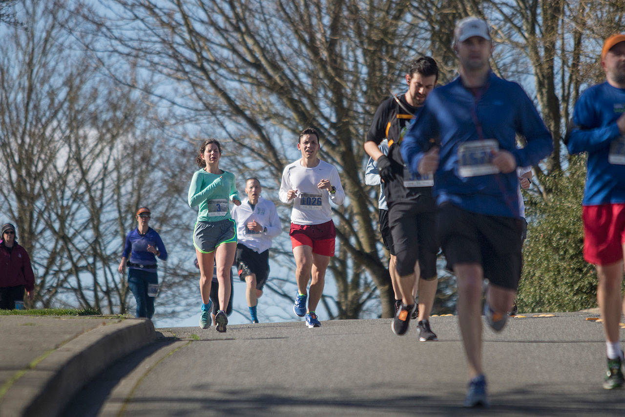 Mercer Island Half Marathon runners wind along Lid Park in the final mile of the race in 2017. Matt Brashears/File photo