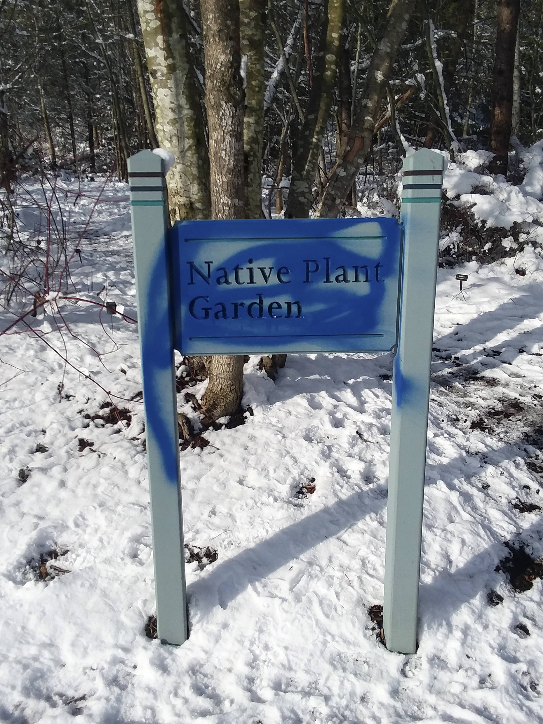 An unknown person spray painted the park sign. Photo courtesy of Patrick Daugherty.