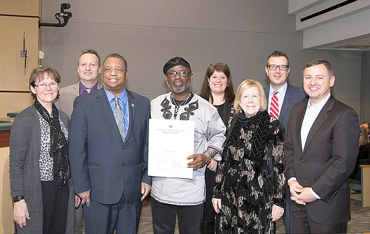Metropolitan King County Council proclaimed February 2019 as Black History Month in King County. Delbert Richardson founder of the American History Traveling Museum received the proclamation. Photo courtesy of King County Council.