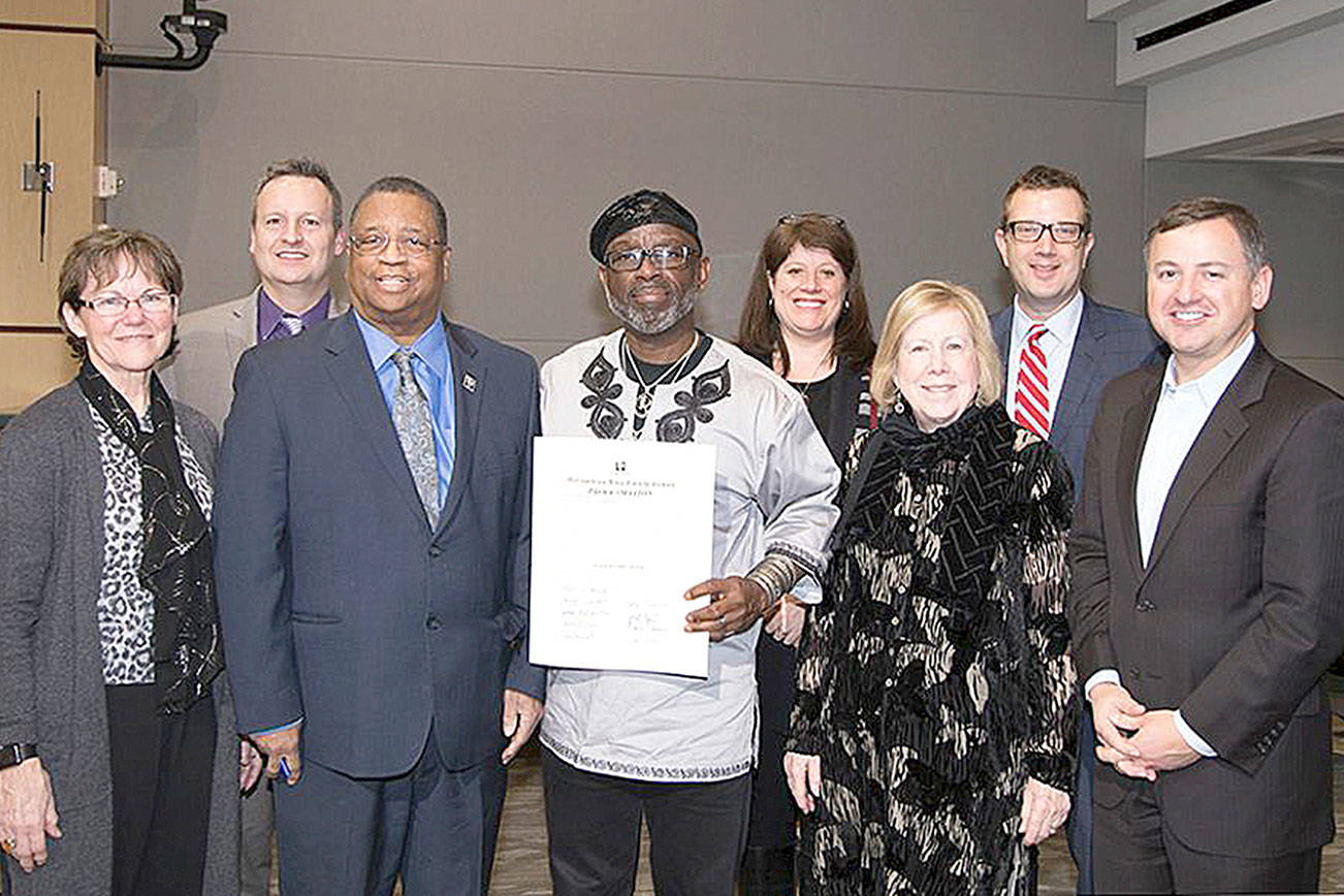 Metropolitan King County Council proclaimed February 2019 as Black History Month in King County. Delbert Richardson founder of the American History Traveling Museum received the proclamation. Photo courtesy of King County Council.