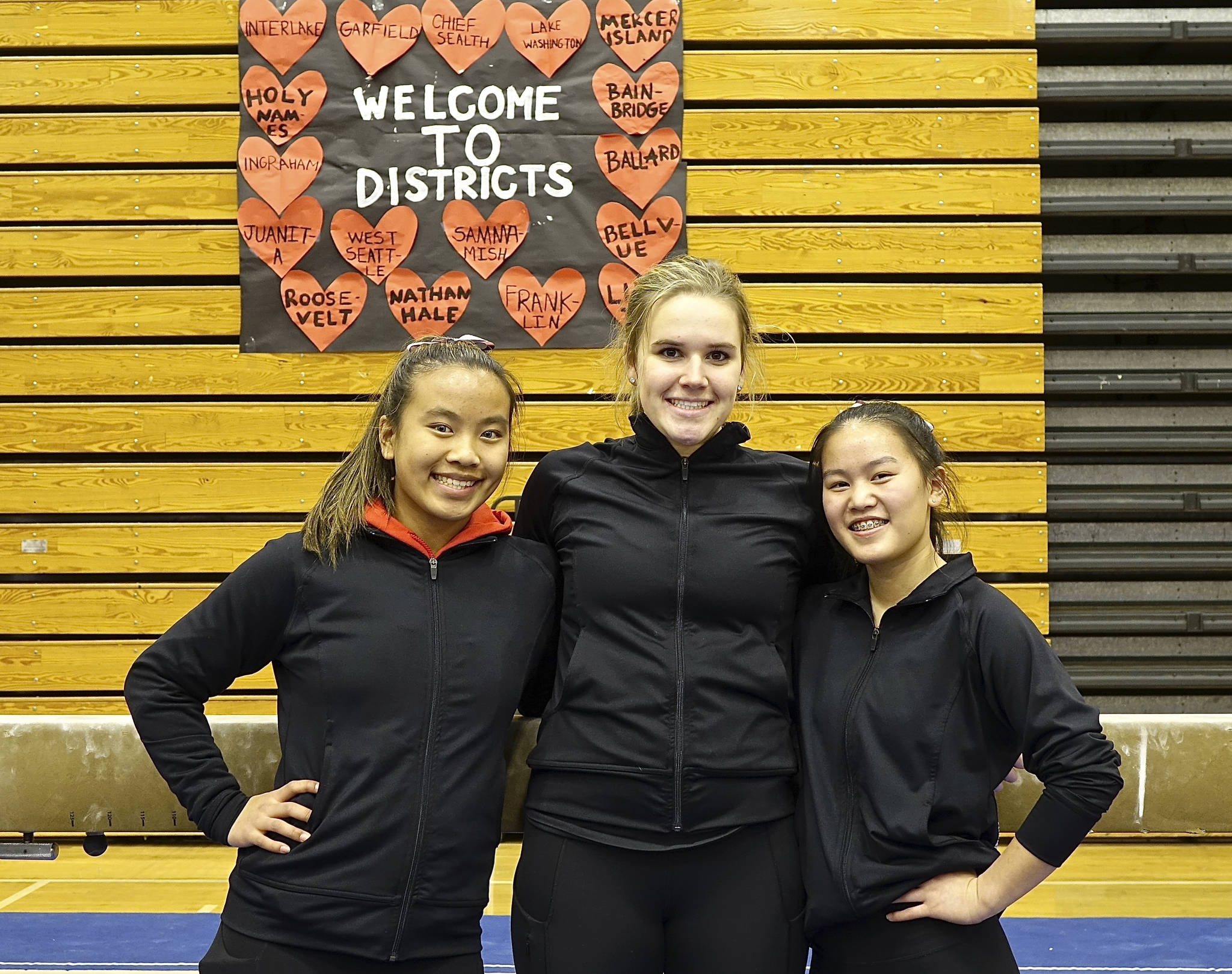 Three Mercer Island Islanders gymnasts will compete at the Class 3A state meet from Feb. 21-23 at Sammamish High School in Bellevue. Islanders athletes Ava Motroni (beam, vault), Emery Sampson (vault) and Rachel Ressmeyer (bars, floor, vault) will test their skills against the best gymnastics athletes in Washington at the state meet. Photo courtesy of Debra Gibbs