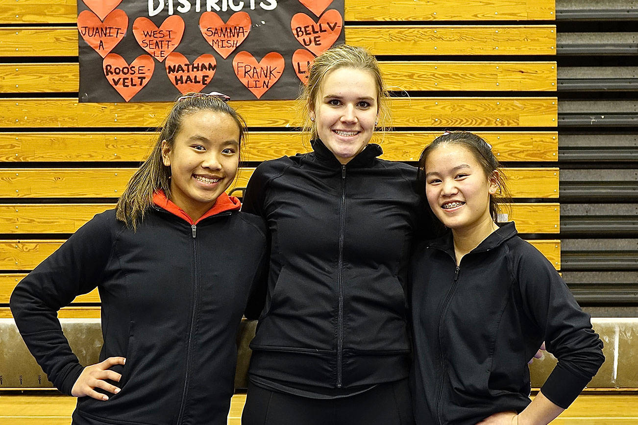Three Mercer Island Islanders gymnasts will compete at the Class 3A state meet from Feb. 21-23 at Sammamish High School in Bellevue. Islanders athletes Ava Motroni (beam, vault), Emery Sampson (vault) and Rachel Ressmeyer (bars, floor, vault) will test their skills against the best gymnastics athletes in Washington at the state meet. Photo courtesy of Debra Gibbs